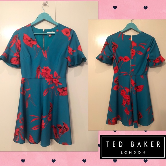 Ted Baker Fantasia V Neck Skater Dress Turquoise - Picture 2 of 8